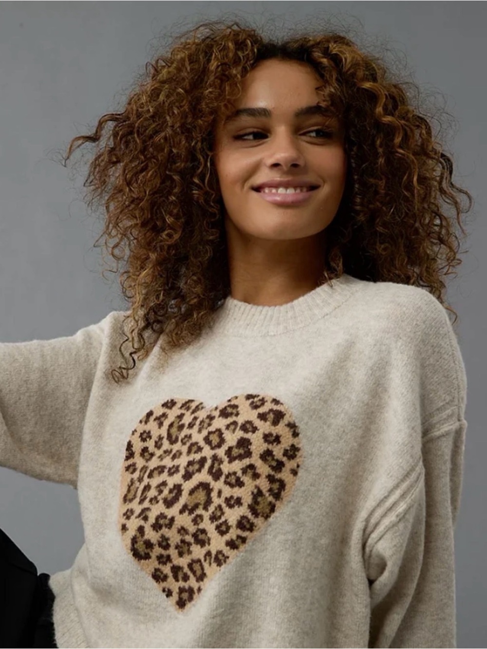 American Eagle Outfitters Cream Crewneck Sweater with Leopard Heart